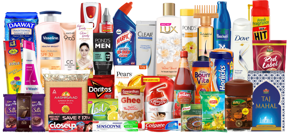 Supermarket aisle with shampoos and Indian FMCG personal care products